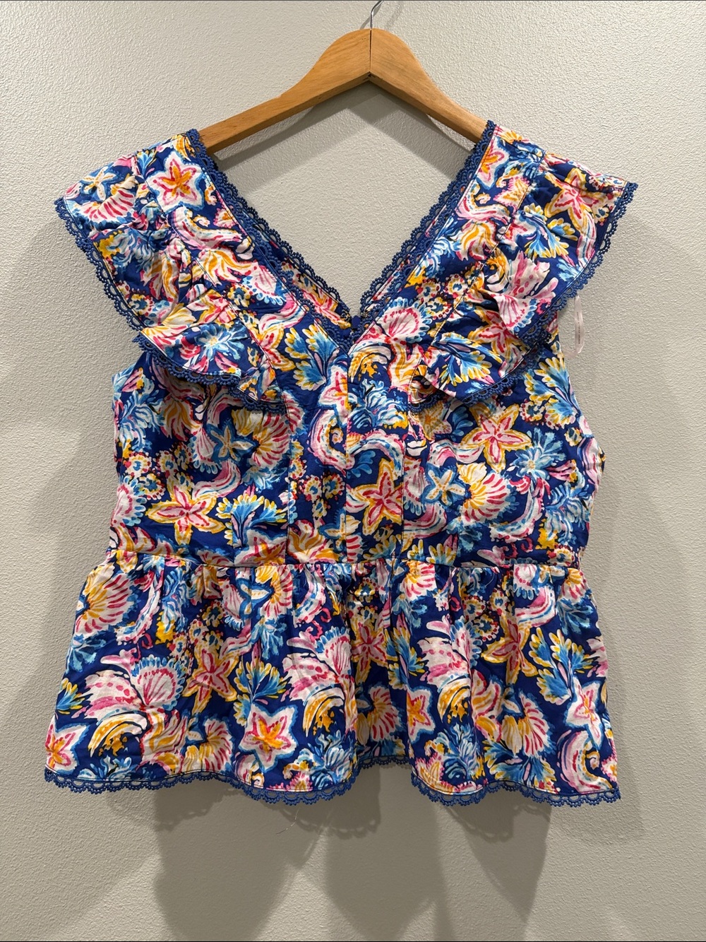 Nanette Lepore Blue Floral Ruffle V-Neck Peplum Top